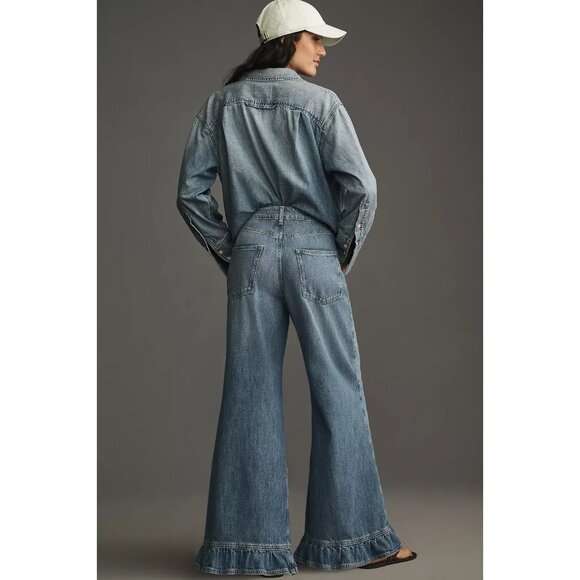 Pilcro High-Rise Wide-Leg Ruffle Flare Jeans 30 - Picture 3 of 3